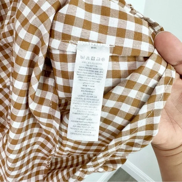 French Connection Gingham Plaid Split Popover Shirt Tan White Size small - Picture 5 of 5